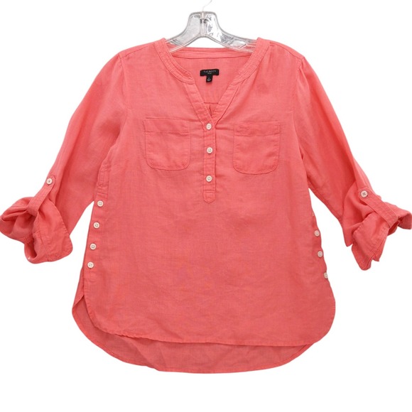 Talbots Petite P Linen Button Down Roll Tab Sleeve Top Coral Blouse - Picture 1 of 8